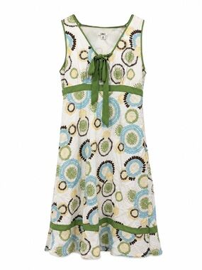 Cato White & Green Linen Midi Dress Geometric Size 10 Y2k Style Bow
